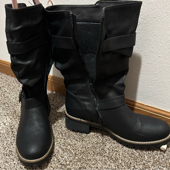 Global Win Black Moto Wide Calf Boots with Buckle Accents - Picture 2 of 9